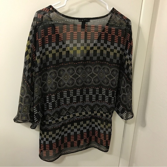 Aqua abstract print black sheet peplum kimono sleeve top size Medium - Picture 2 of 9